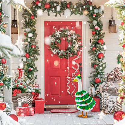 RAWILL 1PC Christmas Porch Goose Outfits,Old Lady Goose Santa Clothes for 23'' High Cement or Plastic Porch Costume for Yard Lawn Outdoor Garden Patio Xmas Holiday Decor (Green)