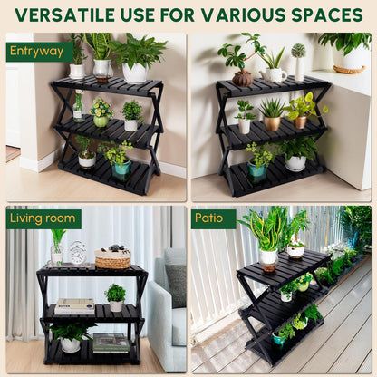 BEEFURNI Acacia Stand Indoor, Wooden Outdoor Plant Stand, Foldable Corner, 3 Tier Plant Stand, Easy Assembly, Plant Bench Patio Balcony Sunroom Decor, Christmas Gift, 1-year Warranty
