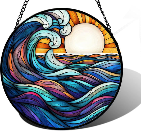 Stained Glass Window Hanging, Big Wave Sun Suncatcher Diamond Glass Panel Hangings Abstract Sun