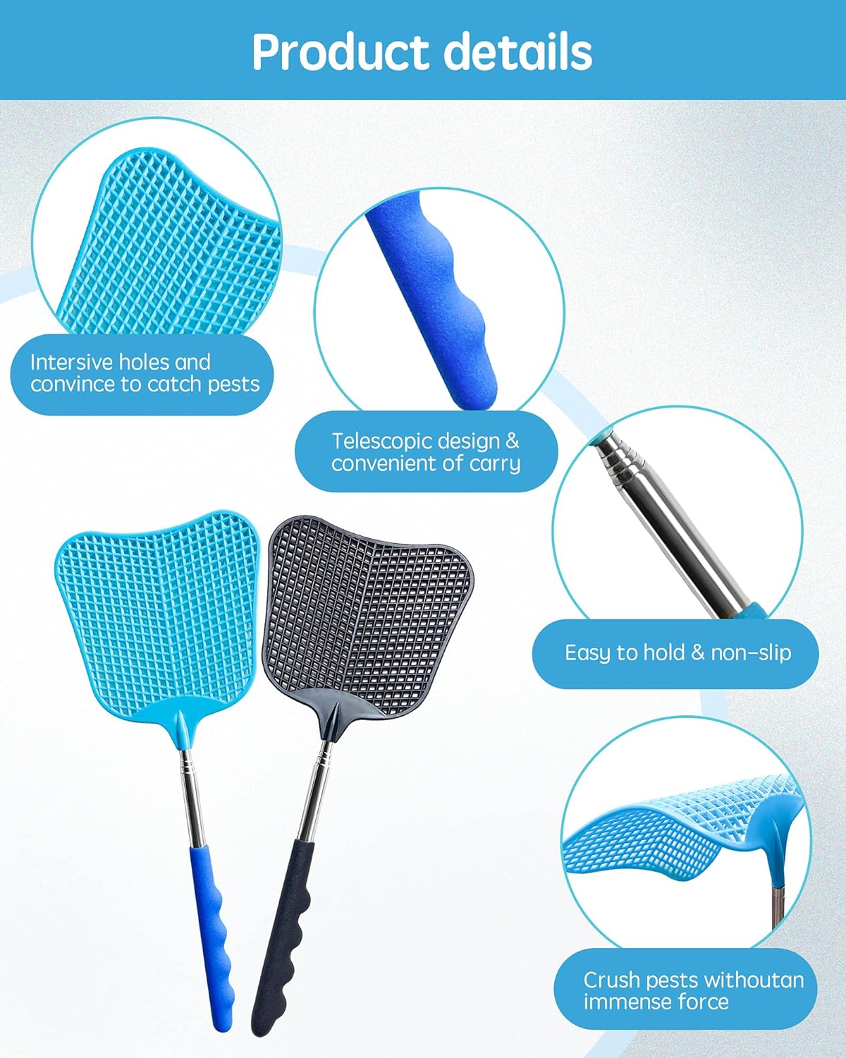 Fly Swatter Heavy Duty Set, with Durable Telescopic Stainless Steel Extendable Handles, for Home, Classroom and Office, 2Pcs, 2 Colors