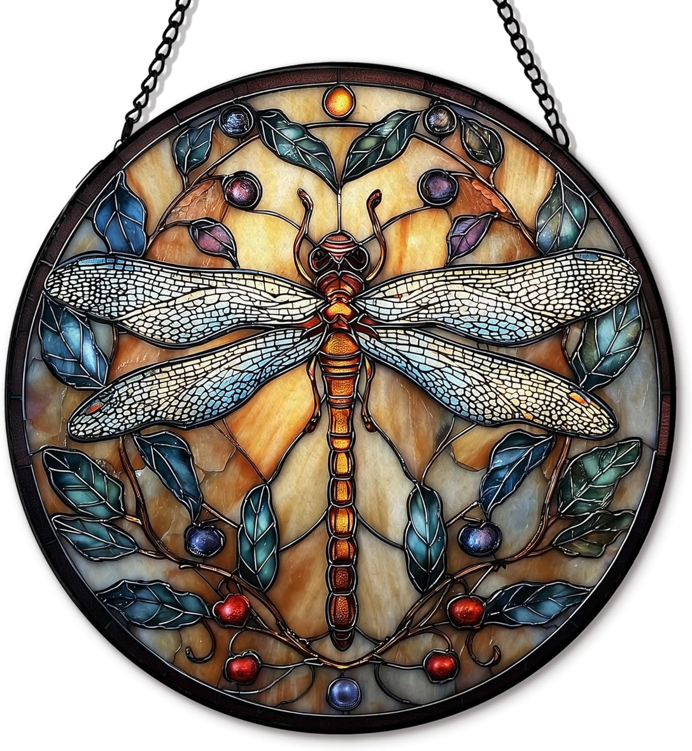 Dragonfly Suncatcher Stained Glass Garden Window Hanging, Dragonfly Sun Catchers Indoor Window Glass Round Wall Decor, Nature Insect Wall Art Hanging Decorations, ＂7.8x7.8＂