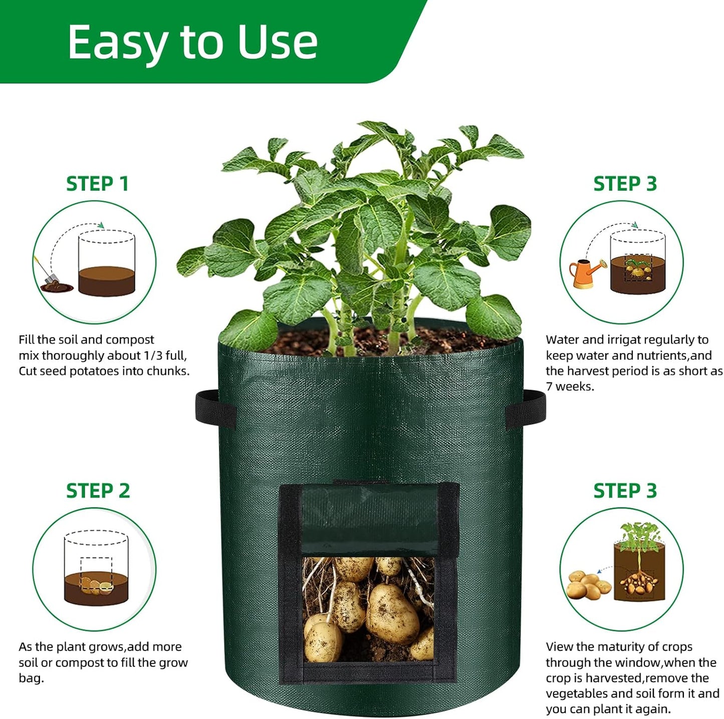 10 Gallon 8-Pack Grow Bags, Durable PE Fabric Pots with Flap and Handles, Green Planter Bags for Potato Vegetables Flowers Herbs Garden Outdoor, 17.7''x13.8'' Large for All Plants Growing