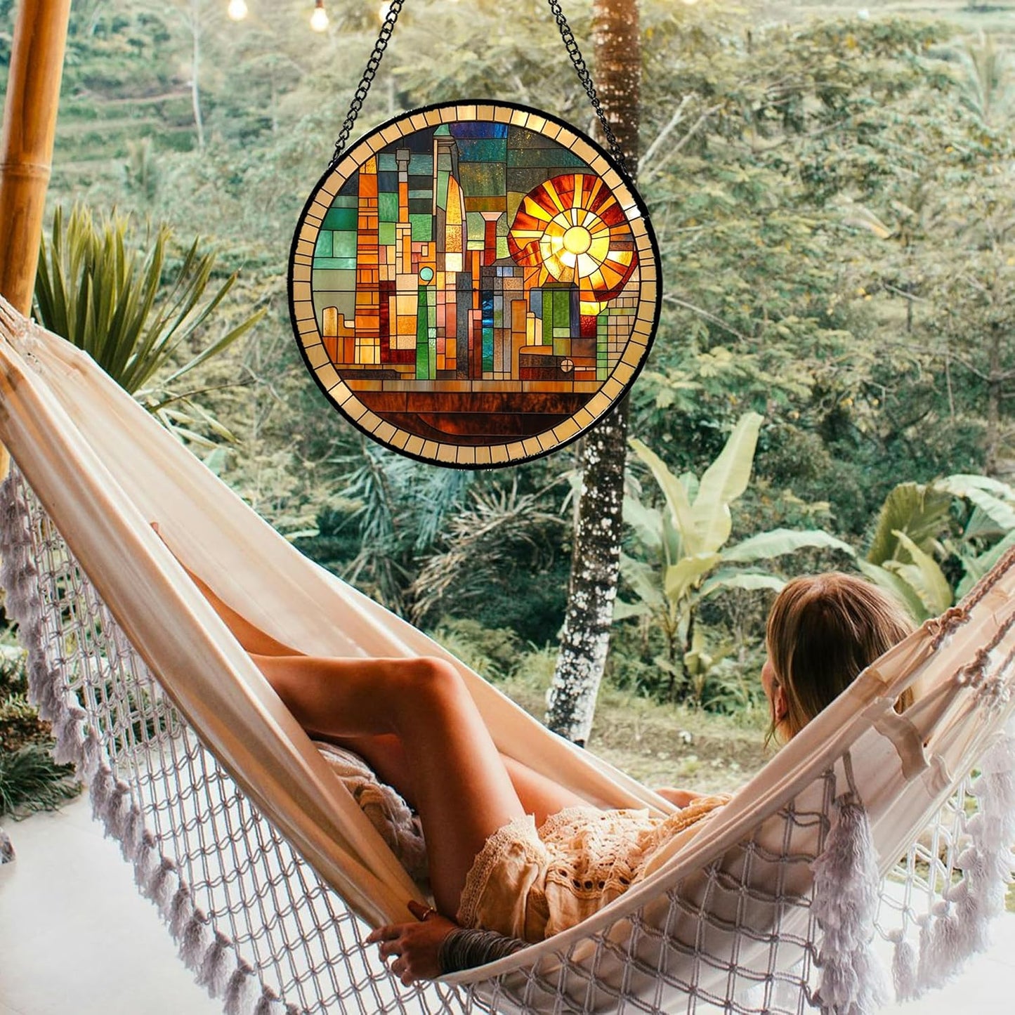Stained Glass Window Hanging Colorful Cityscape Golden Sun Large 15" - Suncatcher Door Garden Sun Catcher Home Decor Birthday Christmas for Mom Men Woman Nana Friend