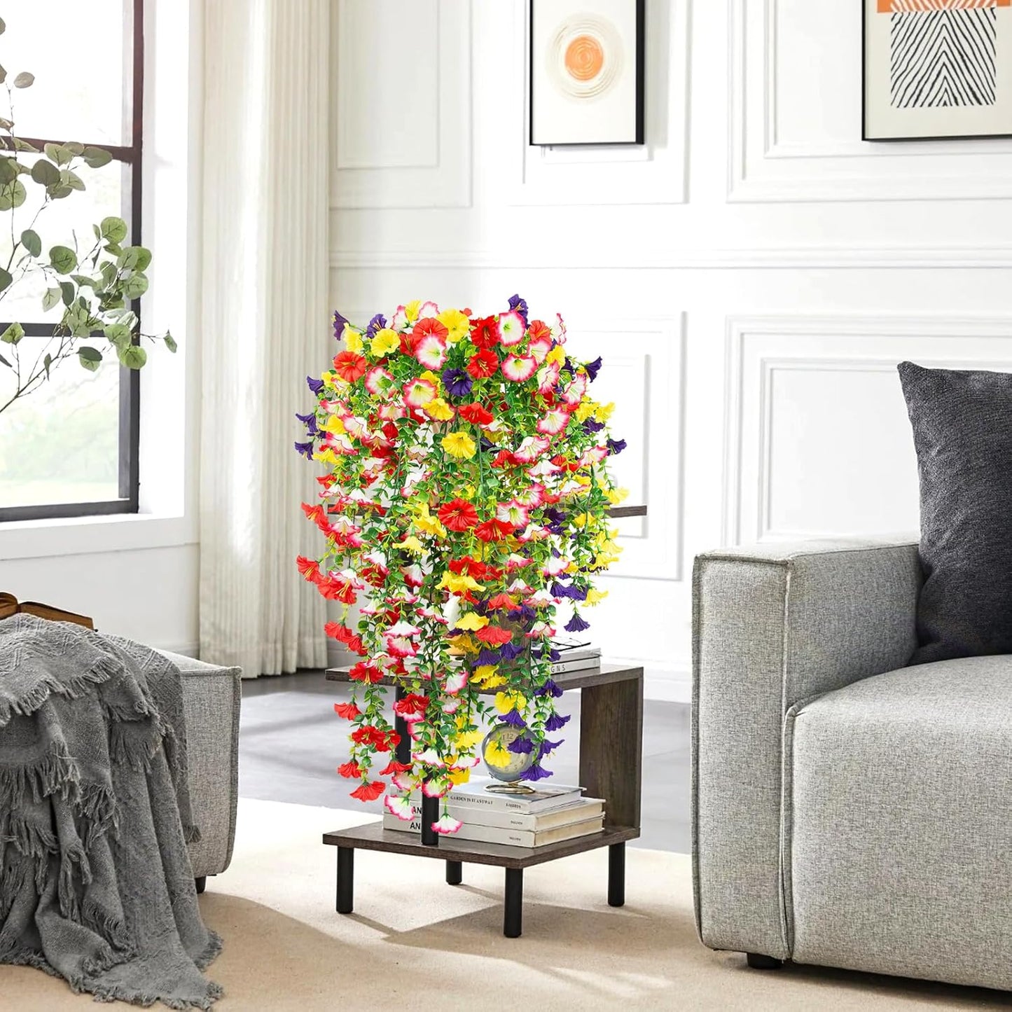 4 Pack Artificial Faux Hanging Flowers Plant for Outdoor, Fake Silk Morning Glory with Eucalyptus UV Resistant Realistic Trailing Vine for Wall Home Porch Patio Balcony Yard Indoor Decor, Mix Color