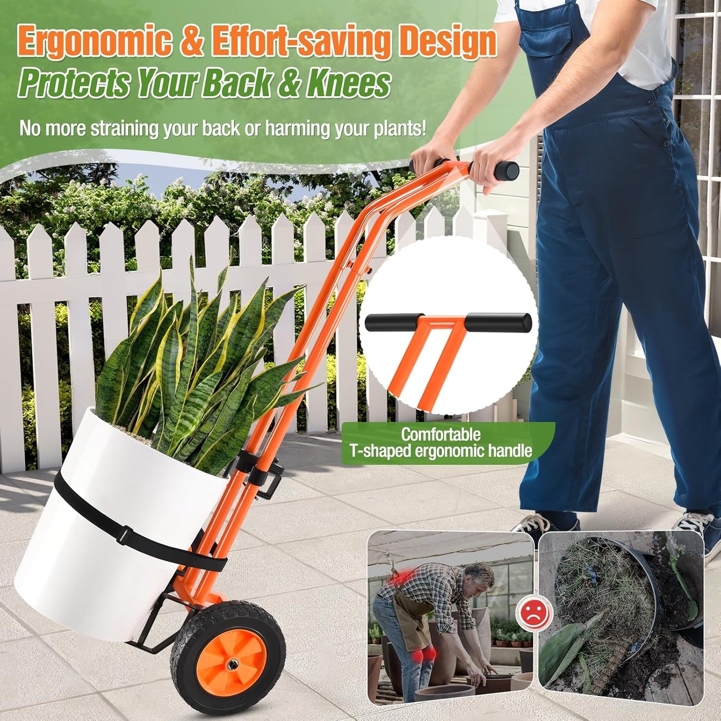 Plant Caddy with Wheels, Heavy Duty Plant Dolly Cart with Adjustable Grabbing Arm and Suction Cups for Plant Pots, Garden Pot Mover Trolley Cart with Strap, Ideal for Indoor and Outdoor Use, Orange