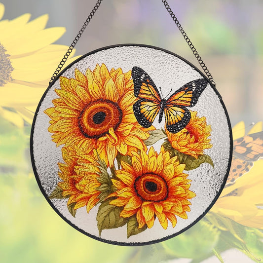 9.8'' Sunflower Butterfly Suncatcher Hanging Stained Glass Window Decor, Flowers Bush Butterfly Sun