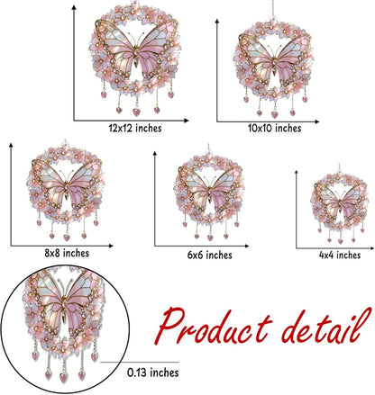 Butterfly Flower Wreath Acrylic Suncatcher Stained Glass Effect Window Car Hanging Christmas Ornament Indoor Outdoor Decor Garden Sun Catcher for Butterfly Lover for Women Mom Grandma