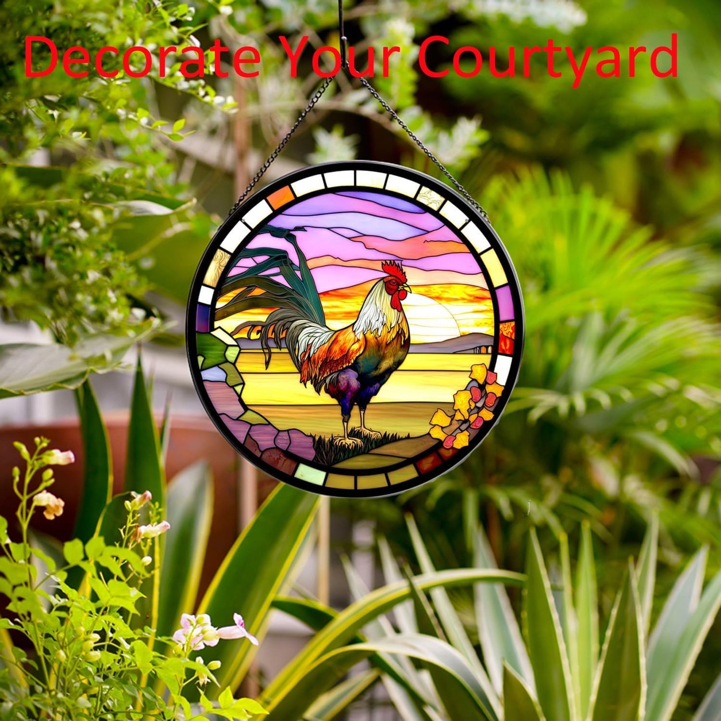 Rooster Hanging Stained Glass Sun Catcher,20cm/7.87inch Hand-Painted Sun Catcher Garden Hangings Christmas Mother's Day, Valentine's Day Ornaments Festival Gift