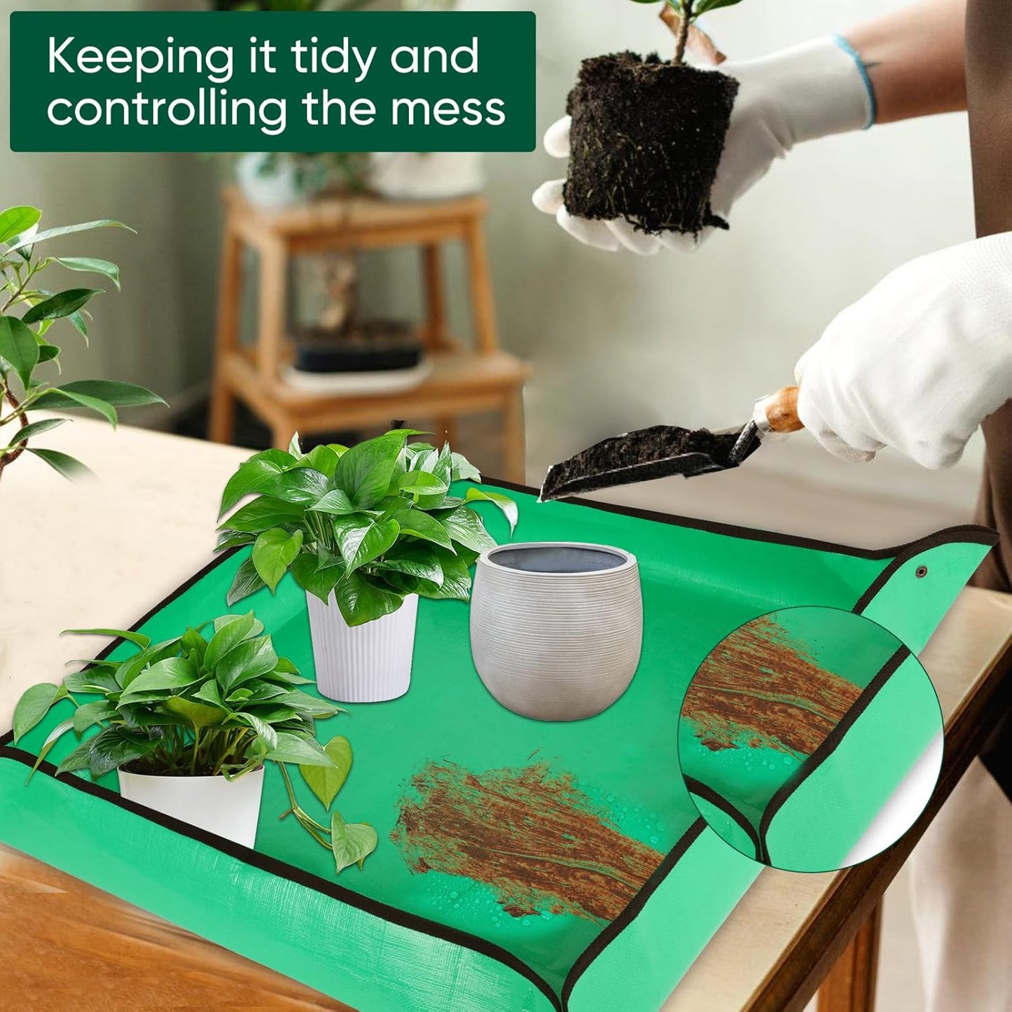 HKZ Repotting Mat for Indoor Plant - 39.5'' x 31.5'' Planting Soil Mess Control, Portable Succulent Planting Potting Tray Waterproof Gardening Bonsai Tools Transplanting Mat (Pale Green)