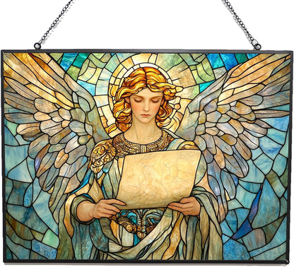 Personalized Rectangle Art Nouveau Archangel Scroll Stained Glass Suncatcher Stained Glass Window Hanging Home Decor Garden Halloween Christmas Wedding Housewarming Gifts