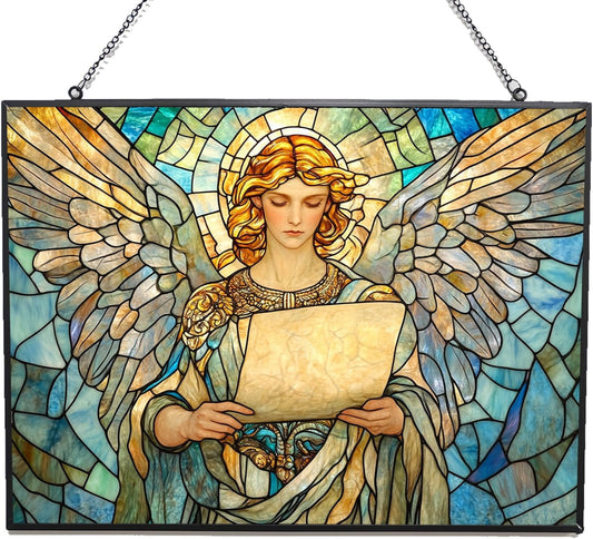Personalized Rectangle Art Nouveau Archangel Scroll Stained Glass Suncatcher Stained Glass Window