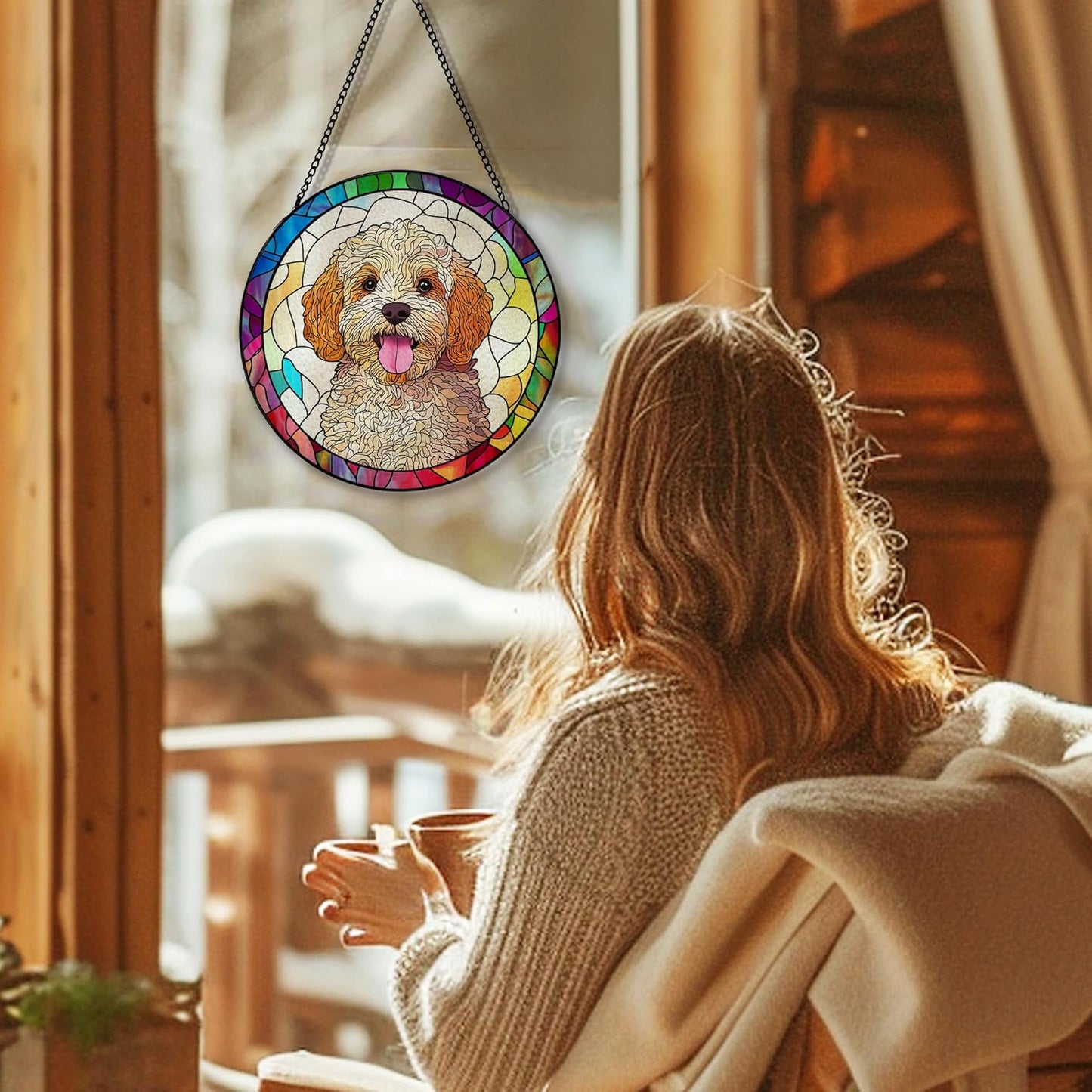 Cockapoo Dog Suncatcher Stained Glass Garden Window Hanging, Cockapoo Gifts Sun Catchers Indoor Window Glass Round Wall Decor, Dog Wall Art Hanging Decorations, ＂7.8x7.8＂