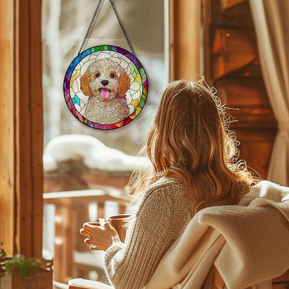 Cockapoo Dog Suncatcher Stained Glass Garden Window Hanging, Cockapoo Gifts Sun Catchers Indoor Window Glass Round Wall Decor, Dog Wall Art Hanging Decorations, ＂7.8x7.8＂