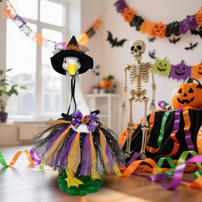 Halloween Porch Goose Statues with Outfits Decor - 20" Big White Goose Resin Figurine, Autumn Halloween Goose Outfits with Hat Bow Tie for Party Decoration, Porch, Yard, Patio, Lawn,Women/Girl Gift