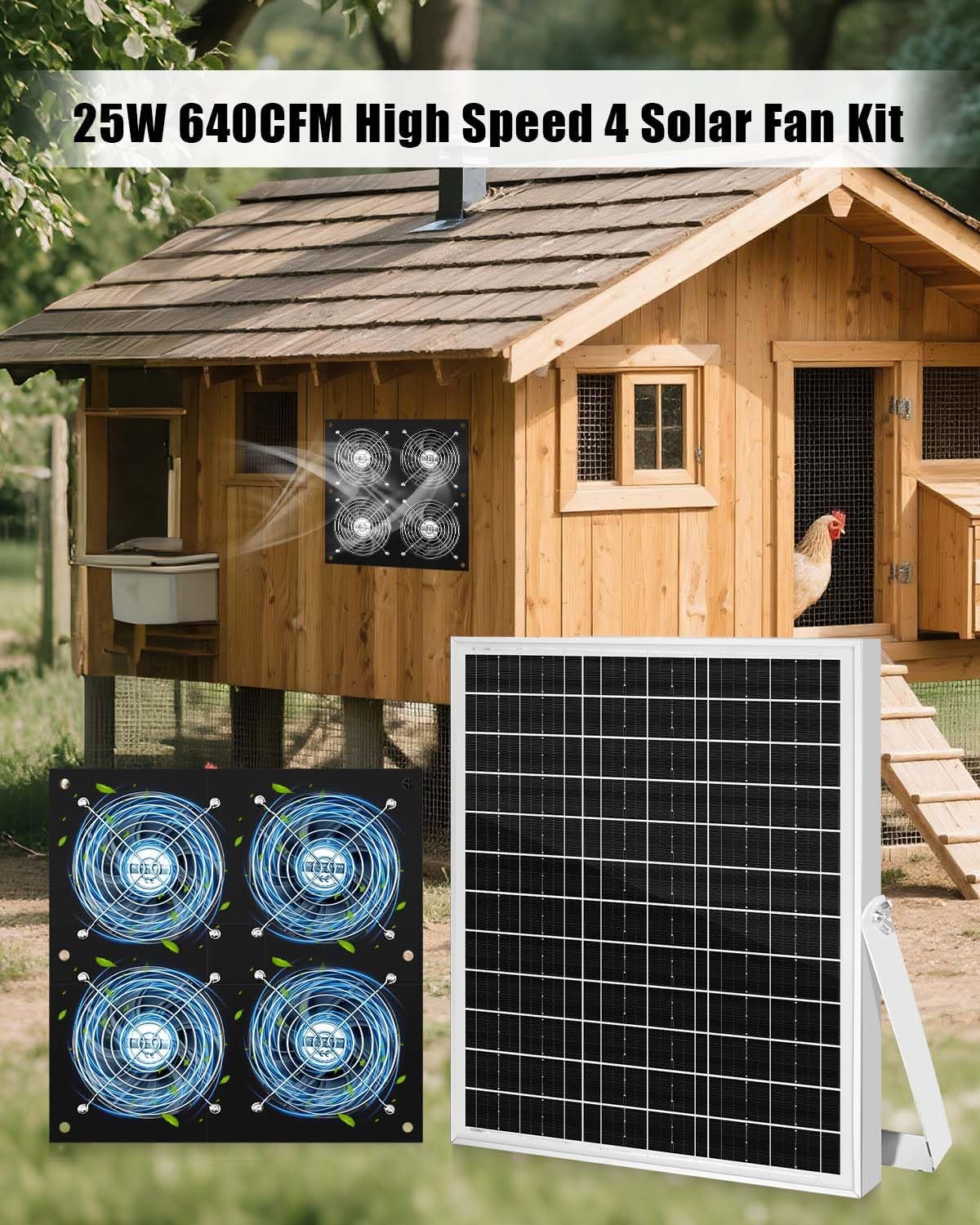 Solar Exhaust Fan for Chicken Coop with 25W Solar Panel & 4-Pack High-Speed Brushless DC Fans, Solar Powerd Shed Ventilation Fan for Chicken Coops, Greenhouses, Sheds, Pet Houses