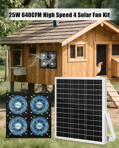 Solar Exhaust Fan for Chicken Coop with 25W Solar Panel & 4-Pack High-Speed Brushless DC Fans, Solar Powerd Shed Ventilation Fan for Chicken Coops, Greenhouses, Sheds, Pet Houses