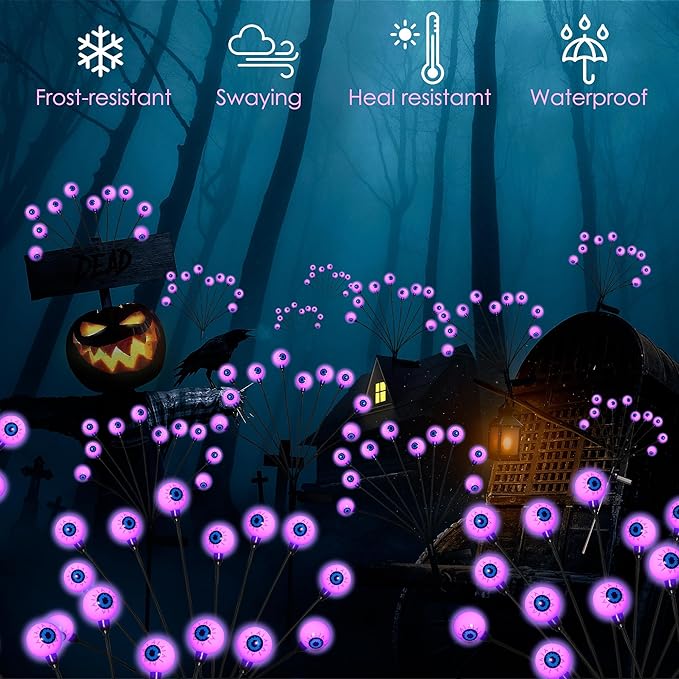 Solar Halloween Lights - 2 Pack 20LED Outdoor Waterproof Scary Eyeball Swaying Firefly Lights for Yard Garden Patio Party Decor Purple