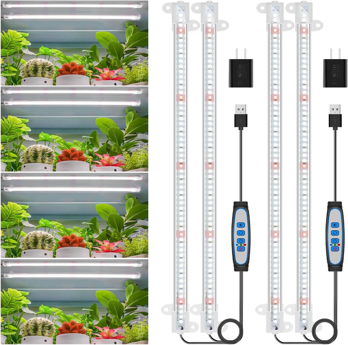 Wiaxulay LED Grow Light Strips, 6000K Full Spectrum Sunlike Growing Lamp with 6/12/16H Timer, 5 Dimmable Levels for Hydroponics, Succulent, Plant Shelf, 2 Pack
