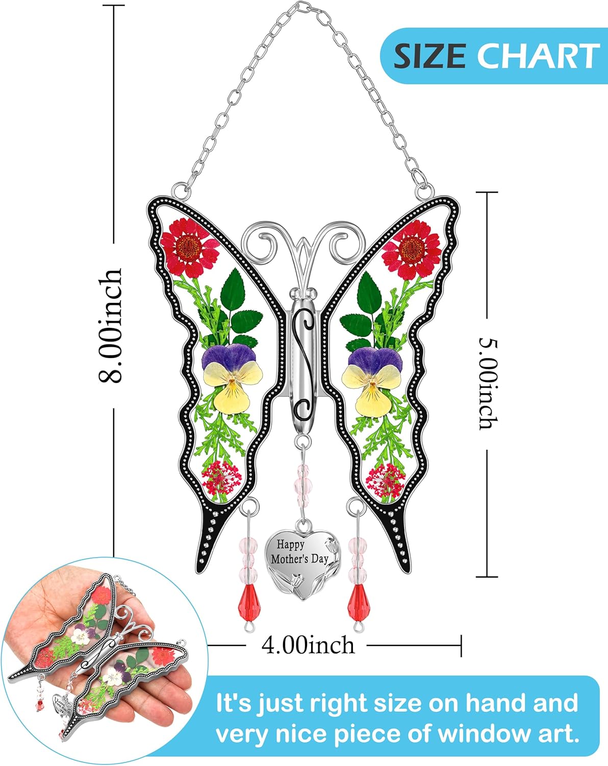 KY&BOSAM for Mom Butterfly Suncatcher Stained Glass Suncatchers for Windows Hanging Wind Chimes Home Decor with Pressed Real Flowers and Heart Charm Mother`s Day Gift for Mom Women