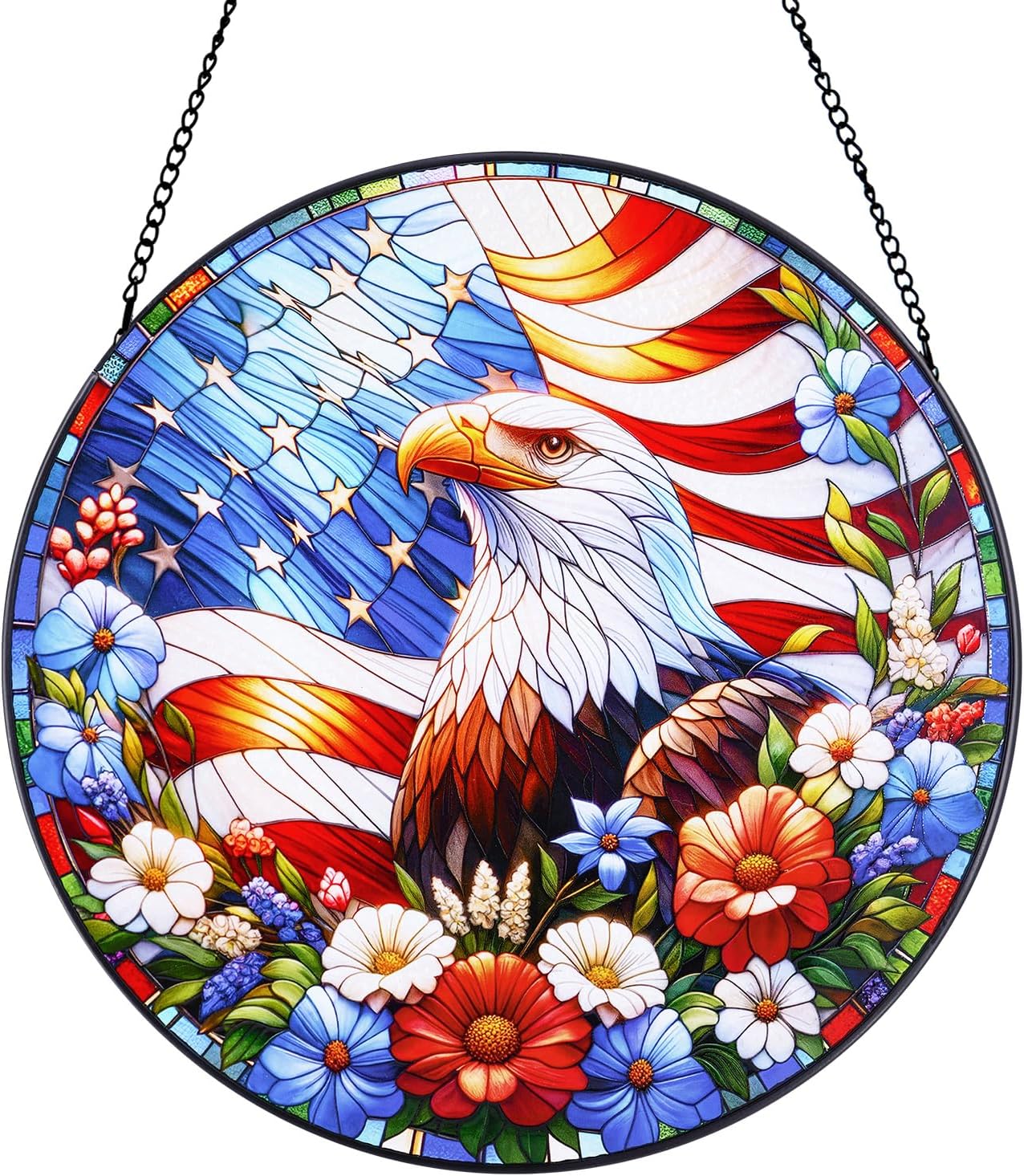 Stained Glass Hanging Bald Eagle Suncatcher, Renyalora 10 Inch Round Real Glass Patriotic Window Panel with American Flag and Wildflowers Sun Catcher for Indoor Windows, Garden, Outdoor Wall Decor