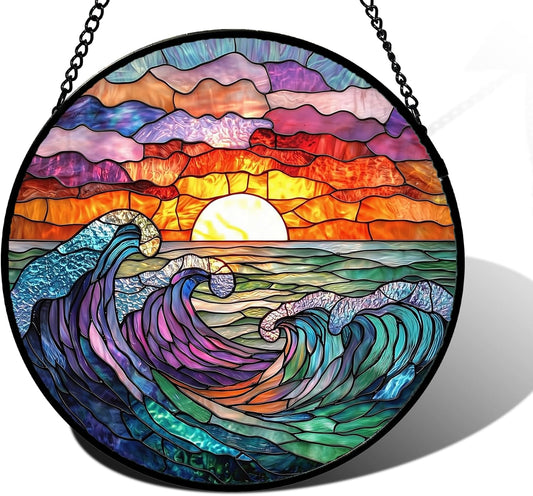 Stained Glass Window Hanging, Clouds and Sea Waves Suncatcher Diamond Glass Panel Hangings Scenery