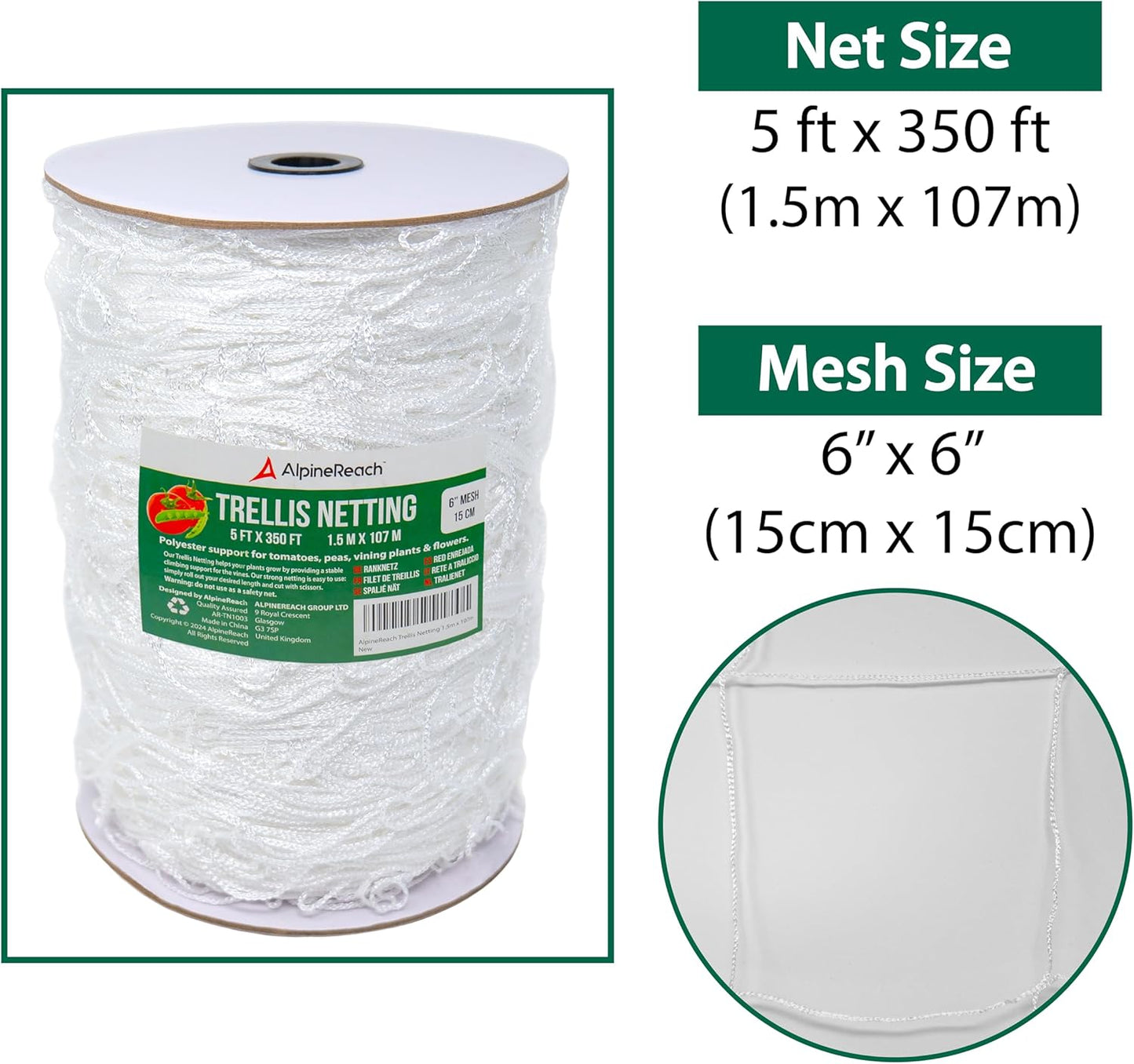 AlpineReach Trellis Netting 5 x 350 ft Heavy Duty Polyester White - 6 Inch Mesh Support Twine for Growing High Yield Tomatoes, Peas, Vine Climbing Plants Fruits Vegetables
