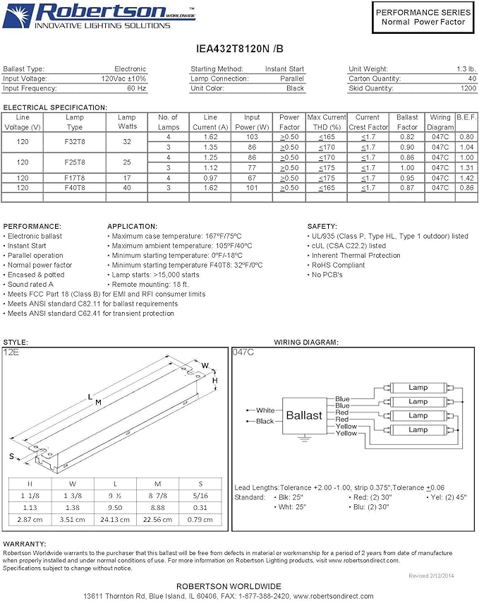 Robertson IEA432T8120N (1P20135) Electronic Fluorescent Ballast, for 3 or 4 T8 Fluorescent lamps