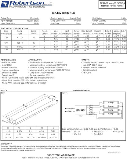 Robertson IEA432T8120N (1P20135) Electronic Fluorescent Ballast, for 3 or 4 T8 Fluorescent lamps