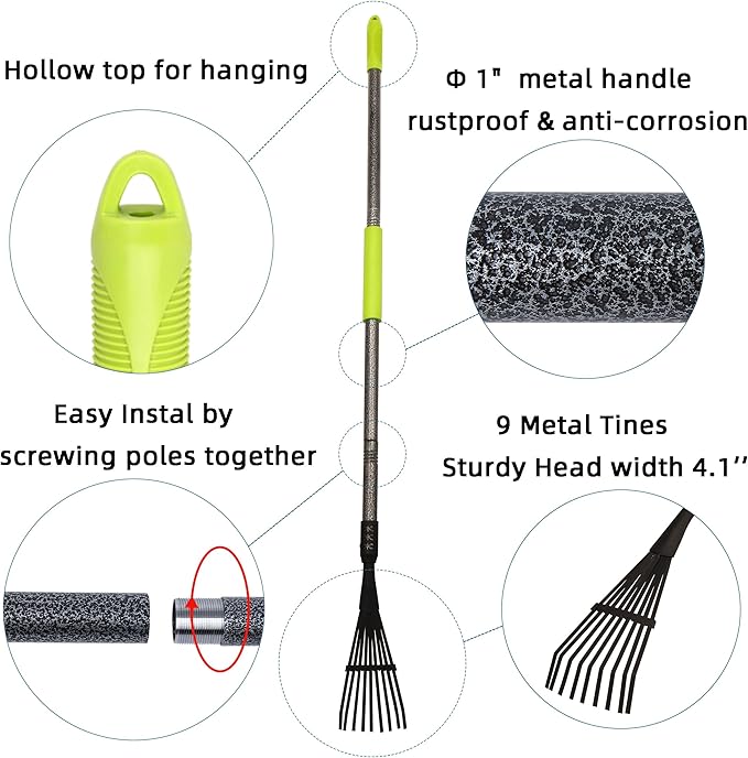 Garden Rake for Leaves, 48" Metal Leaf Rake with Foam Soft Foam Grip, 9 Tines Small Narrow Rakes with Adjustable Long Handle, Rakes for Lawns Gardening Yard Flower Bed Grass Mulch Shrub Camping