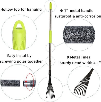 Garden Rake for Leaves, 48" Metal Leaf Rake with Foam Soft Foam Grip, 9 Tines Small Narrow Rakes with Adjustable Long Handle, Rakes for Lawns Gardening Yard Flower Bed Grass Mulch Shrub Camping