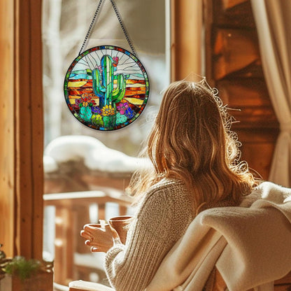 Cactus Suncatcher Stained Glass Garden Window Hanging, Southwestern Desert Cactus Flower Sun Catchers Indoor Window Glass Round Wall Decor, Southwestern Wall Art Hanging Decorations, ＂7.8x7.8＂