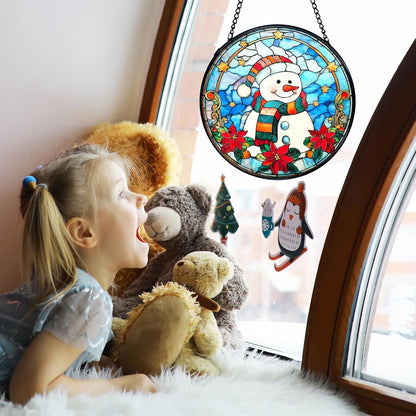 TNUW Snowman Christmas Stained Glass Window Hanging, Snowman Winter Xmas Flowers Sun Catchers Indoor Window Glass Round Wall Art Decor, Christmas Wall Hanging Decorations, 7.9＂x7.9＂