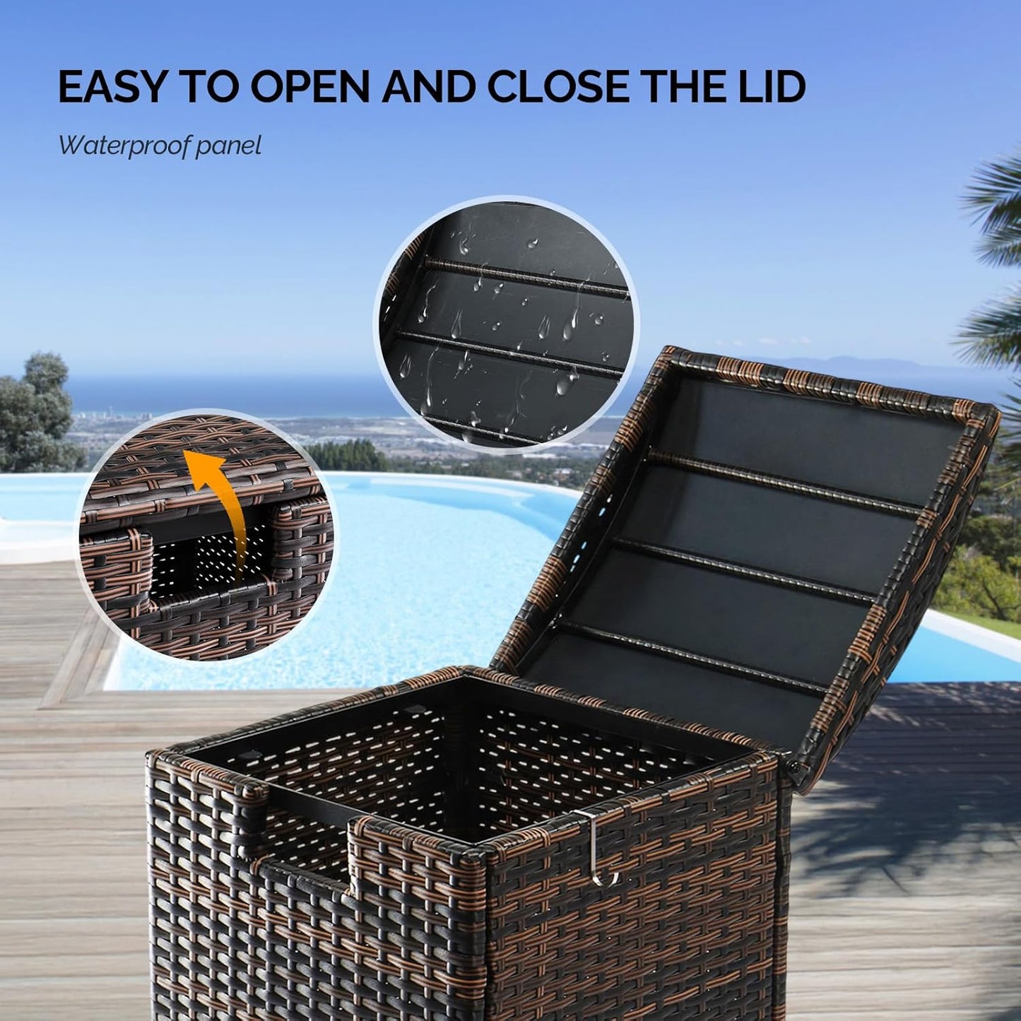 VINGLI 33 Gallon Outdoor Trash Can with Convenient Lid, Rattan Garbage Container with Side Hook, Weatherproof Patio Trash Can for Graden, Yard, Patio, Brown