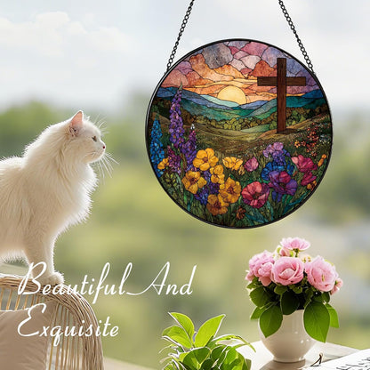 Wildflowers and Crosses Suncatcher -7.9 in Stained Glass Window Hanging Sun Catcher Garden Decor