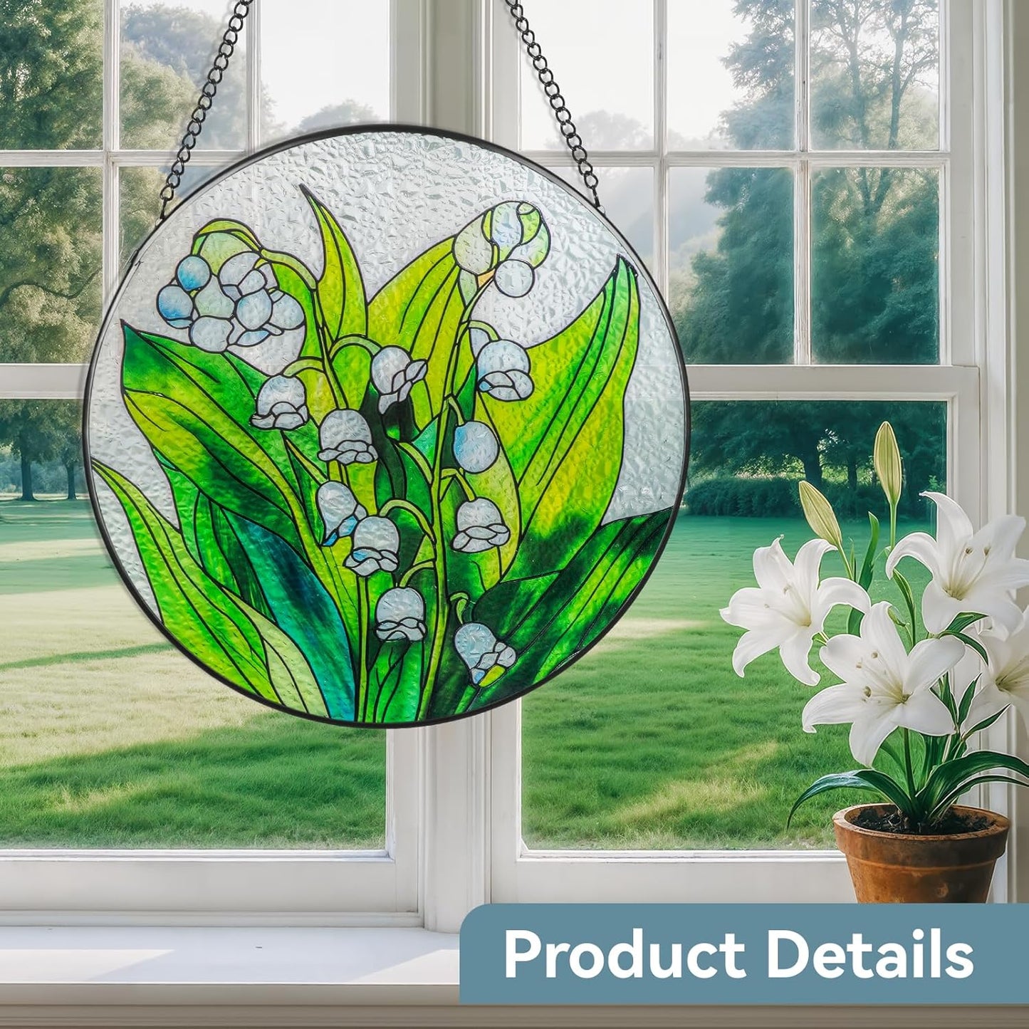 Suncatcher Stained Glass Window Hanging - Flowers Glass Panel with Metal Chain and Hooks Handmade Sun Catcher Decoration for Window Garden Home Christmas & Birthday Gifts (8 Inch)