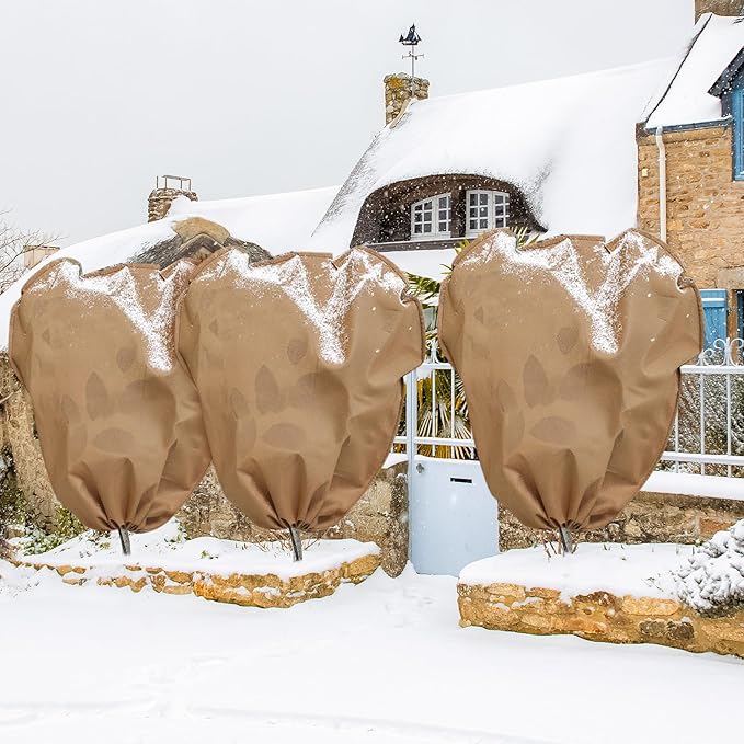 4 Pcs Winter Plant Covers Freeze Protection Reusable Plant Protector Bag with Drawstring Warm Shrubs Cover Frost Protection Planting Jacket Bags for Outdoor Garden, Brown (78.7 x 98.4 Inch)