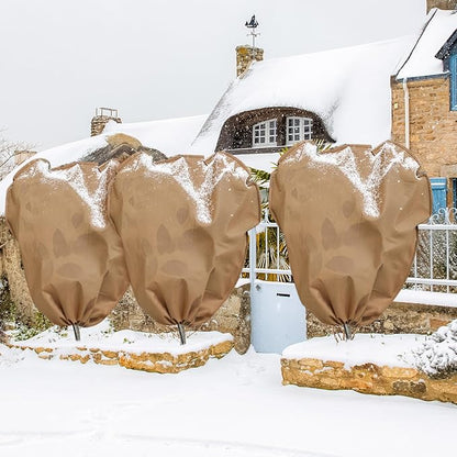 4 Pcs Winter Plant Covers Freeze Protection Reusable Plant Protector Bag with Drawstring Warm Shrubs Cover Frost Protection Planting Jacket Bags for Outdoor Garden, Brown (78.7 x 98.4 Inch)