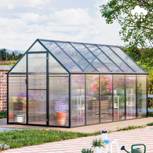 CDCASA 12x6x6 FT Greenhouse for Outdoors, Large Polycarbonate Greenhouse Aluminum Greenhouses w/Vent Window, Swing Door & Easy Assembly Walk-in Green House for Patio, Backyard, Garden, Black