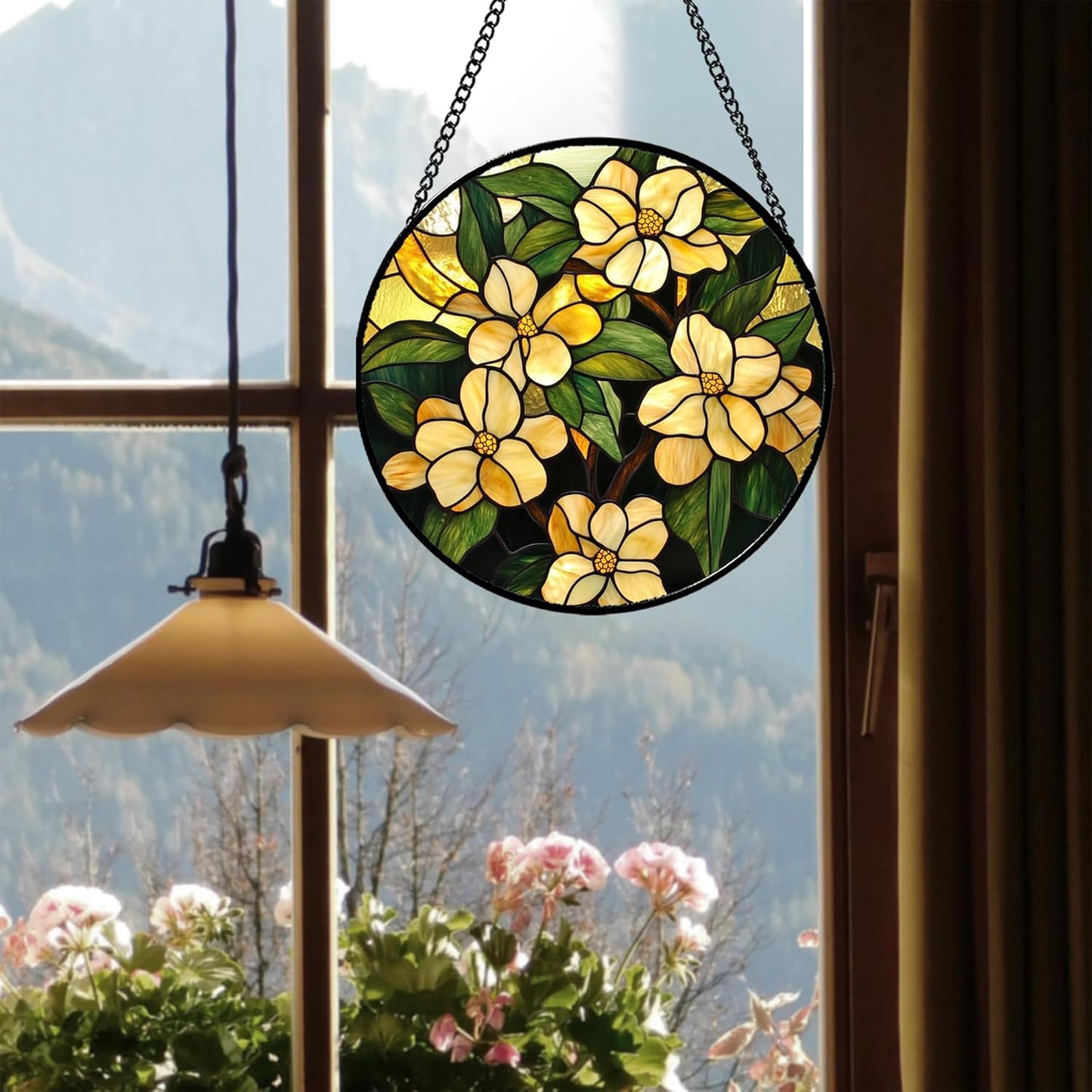 Stained Glass Window Hanging - Yellow Flower Green Leaf Suncatcher for Doors Garden Patio Fall Decor Sun Catchers Christmas Mother's Day Birthday Gifts for Women Men Mom Nana Friend 9.8 in
