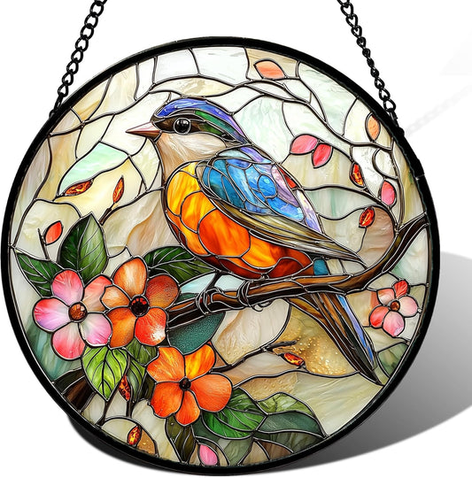 Stained Glass Window Hanging, Blue Bird Pink Flower Suncatcher Diamond Glass Panel Bird Sun