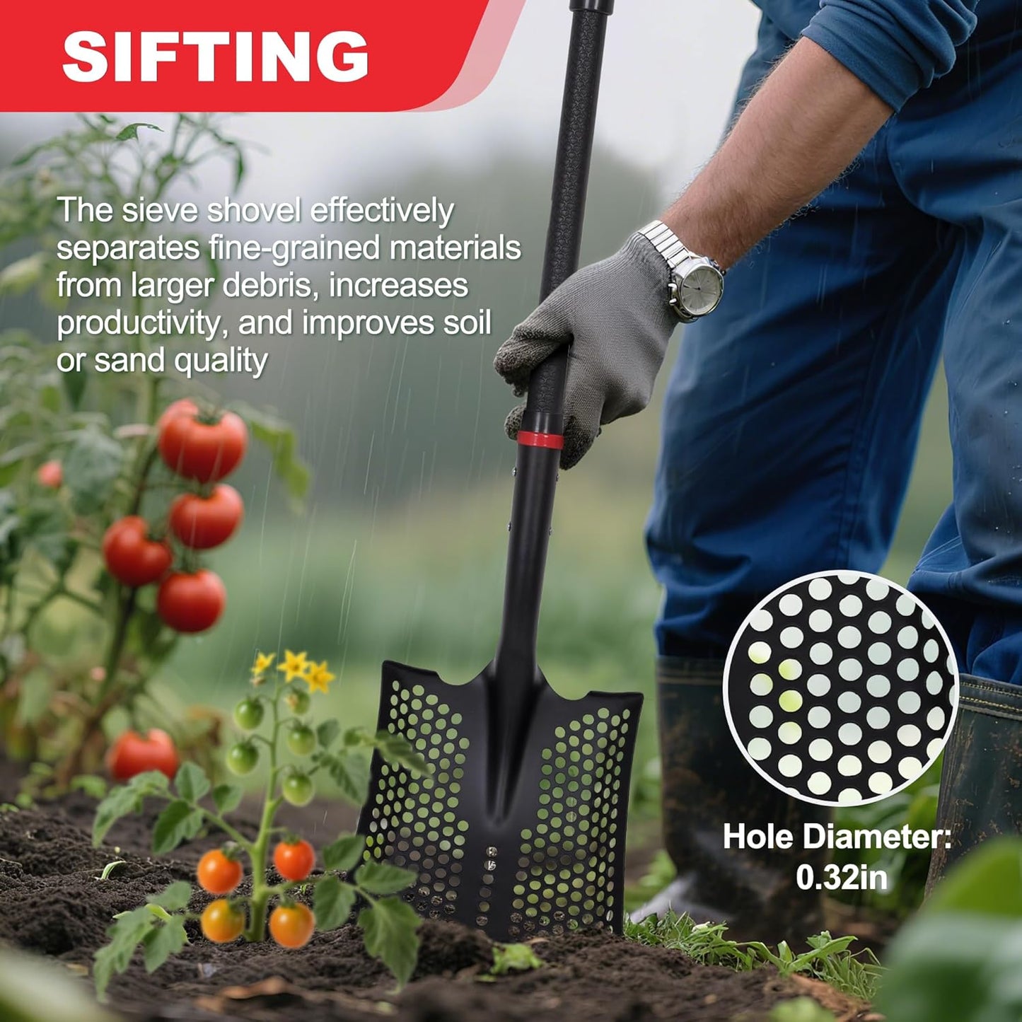 SHARK ATTACK Heavy Duty Sifting Shovel, 45 Inch Powder Coated Steel Mesh Shovel with D-Grip Handle for Beach, Soil & Chicken Coop, Farm Goat Stall Sand Poop Cleaning