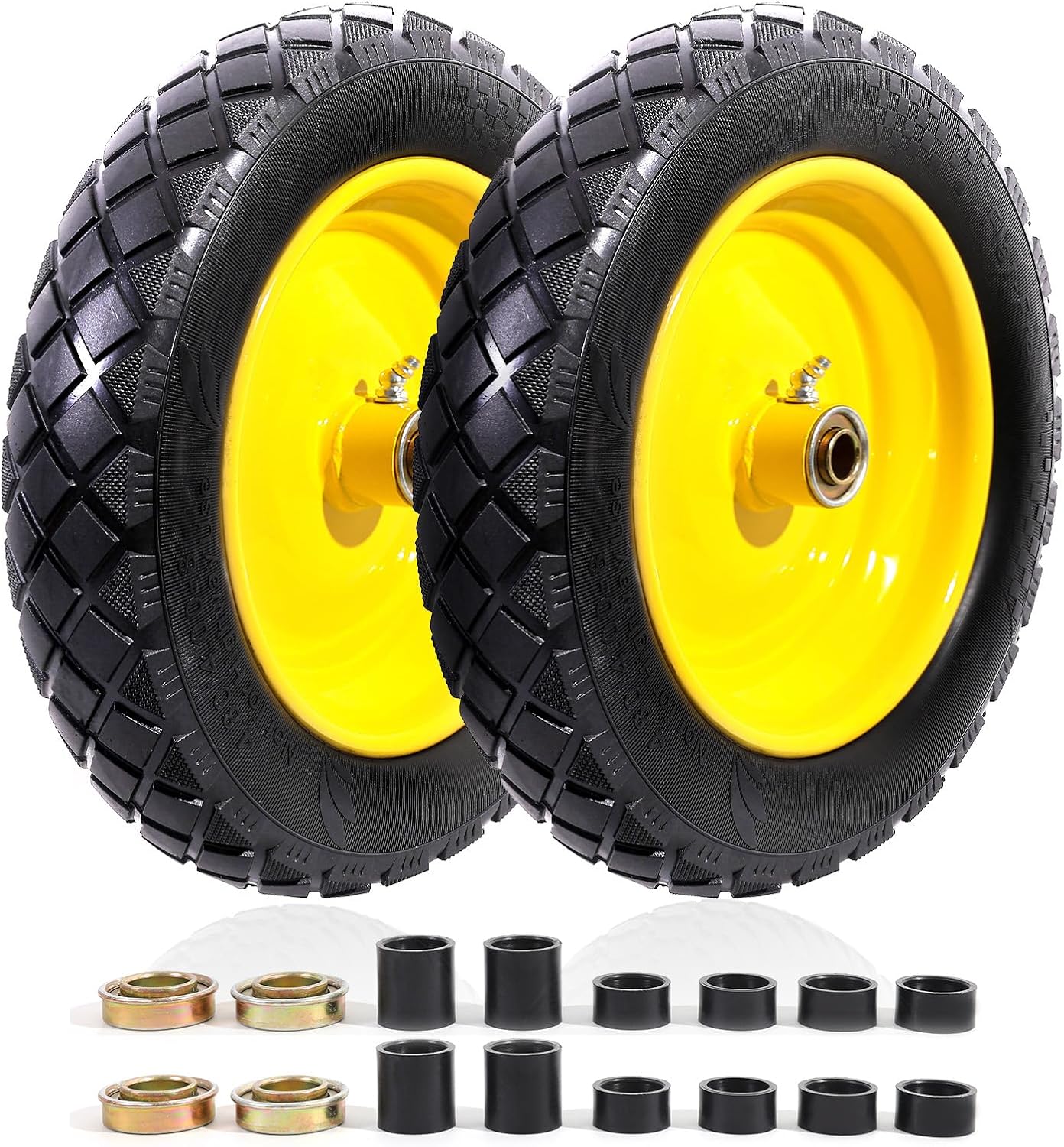 MZREXN 4.80/4.00-8" Flat Free Tire and Wheel 15" Solid Wheelbarrow Tires 3.00-4.00/4.80-8" with 5/8" & 3/4" Bearings, 3" Centered Hub for Hand Truck Garden Trailers Utility Cart Yard Wagon 2PCS Yellow