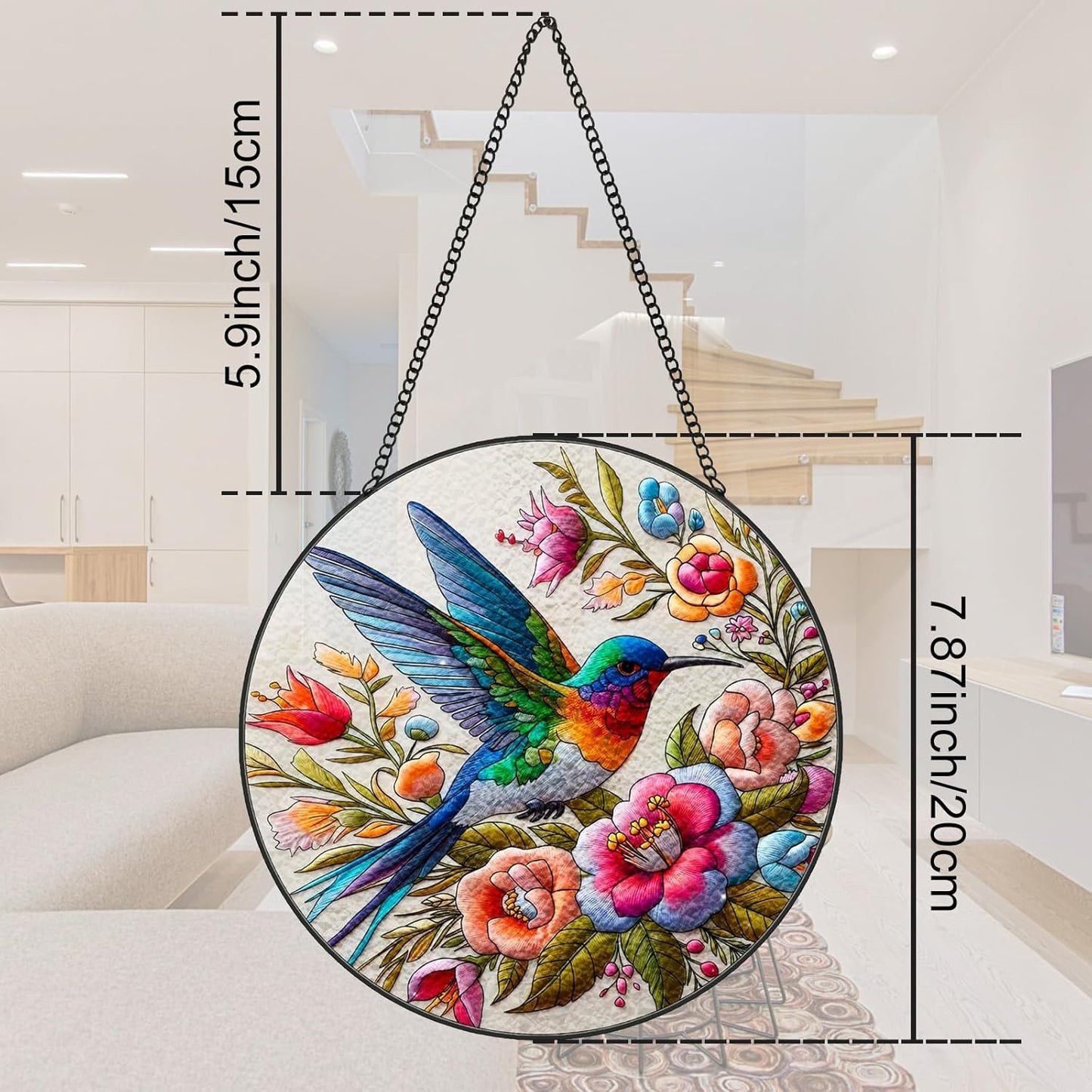 Hummingbird Suncatcher Stained Glass Window Hanging Original Design of 7.8''Hummingbirds Flowers for Sun Catchers Indoor Window Wall Art Home Decor Gift Painted Glass Panel