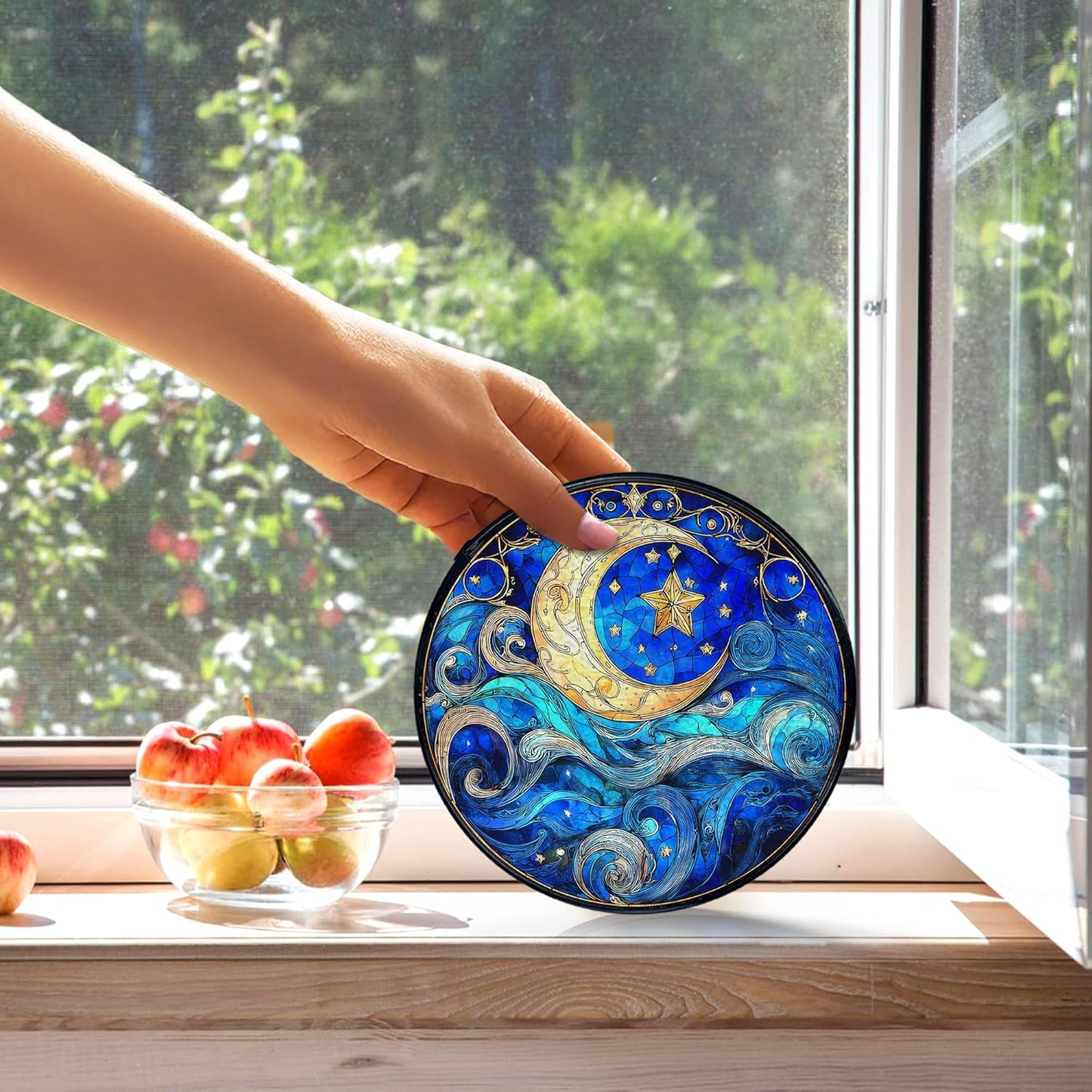 kdqua Moon and Star Suncatcher Stained Glass Window Hanging, Blue Celestial Astronomy Sun Catchers Indoor Window Glass Round Wall Decor, Moon and Stars Wall Art Hanging Decorations Statues, 7.9x7.9in