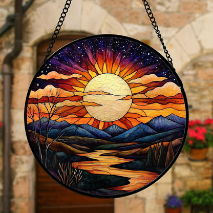 Stained Glass Window Hanging, The Sun Shines Brightly on Lake Sun Catchers Colorful Glass Panel Suncatcher Decor for Birthday for Women, Men, Wife, Lovers, and Mom 6.3 in