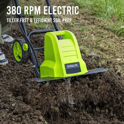 STEELITE 18 Inch Width Electric Tiller Cultivator, 8.7-Inch Depth Electric Rototiller with 24 Durable Steel Tines, 13.5 Amp Corded Cultivator for Gardening, 2-Adjustable Wheels for Garden Lawn Yard