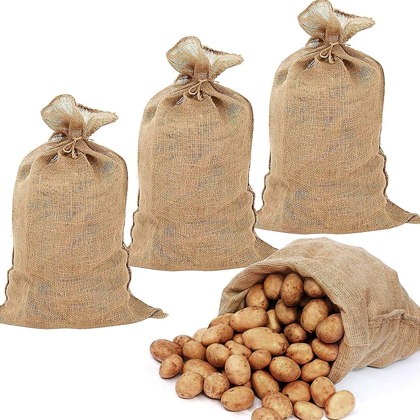 Agfabric Burlap Sacks 4pack 20"×36" Burlap Storage Bag with Strings, 100% Natural Jute, Reusable Potato Storage Bag for Food Storage Plant Gardening Planting, Food Grade, Set of 4