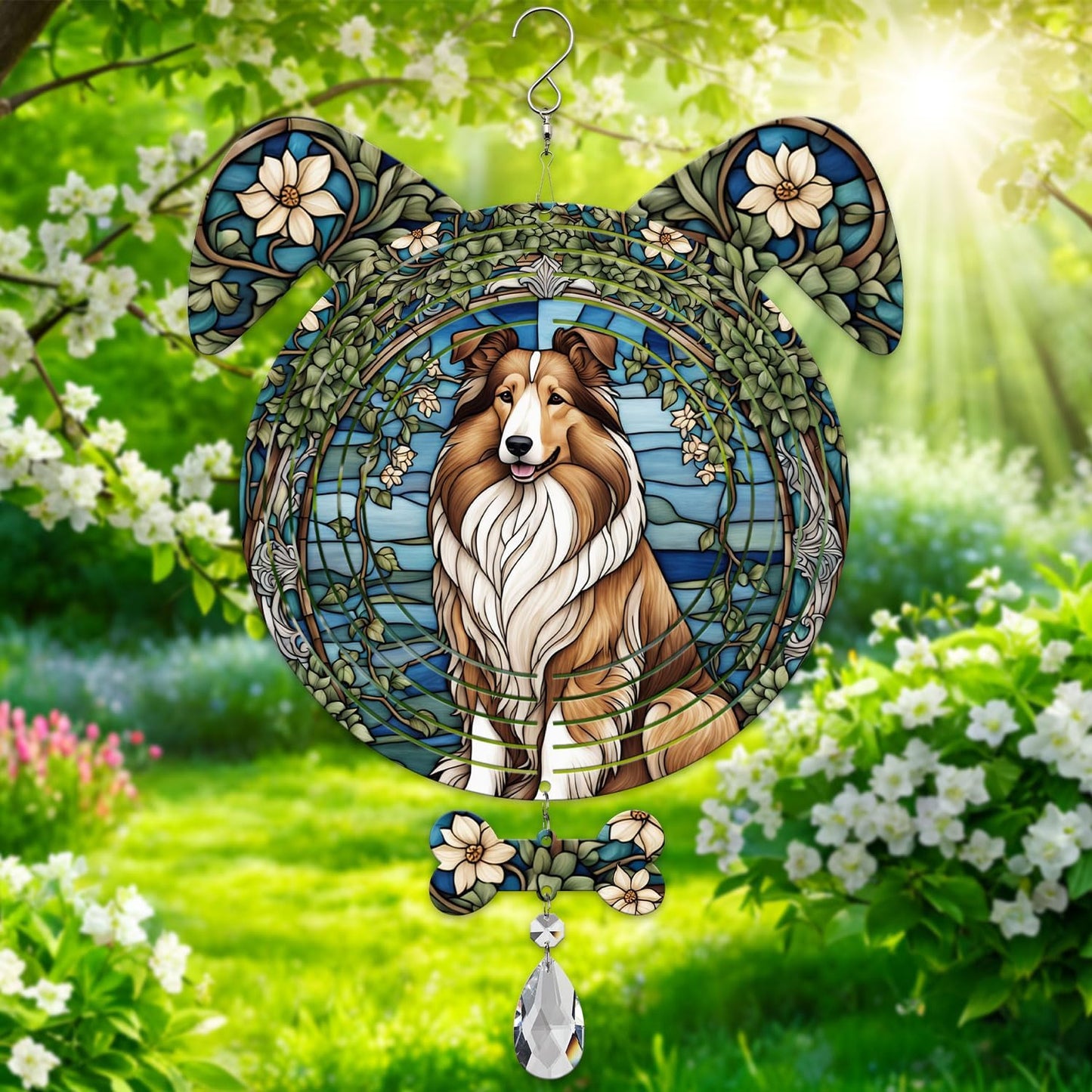 Rough Collie Dog Ears Wind Spinner, Rough Collie Wind Spinner Hanging for Yard and Garden V02