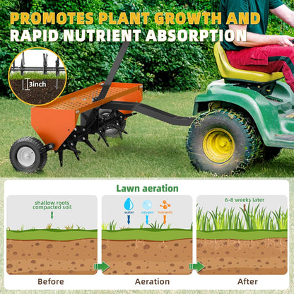 40" Lawn Aerator Tow Behind, Pull Behind Aerator with Universal Hitch, 24 Galvanized Steel Tines, Tray and Pneumatic Tires, Plug Behind Aerator is Suitable for Gardens, Lawns and Farms