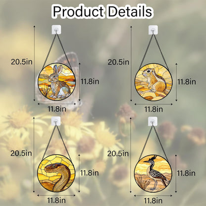 Stained Glass Window Hanging 4 Pcs Set Animals Large 11.8" - Desert Landscape Yellow Suncatcher Door Garden Sun Catcher Decor Birthday Christmas for Mom Woman Nana Men